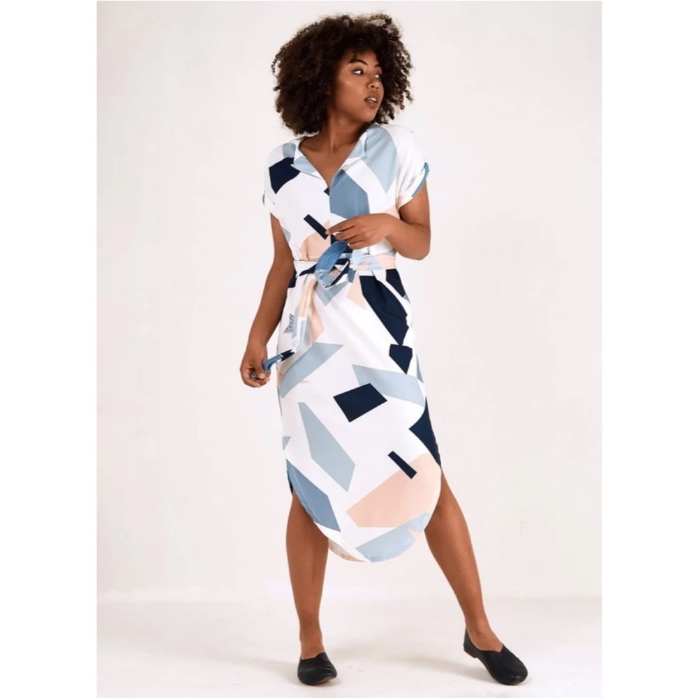Abstract color block Print v neck short sleeve Midi Dress